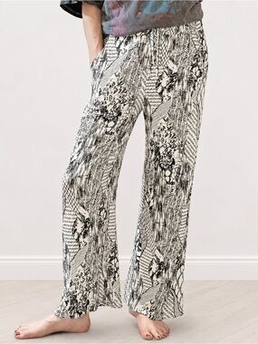 Paper Crane Beach Palazzo Pants Small | Smocked Waist Wide Leg Boho Coastal